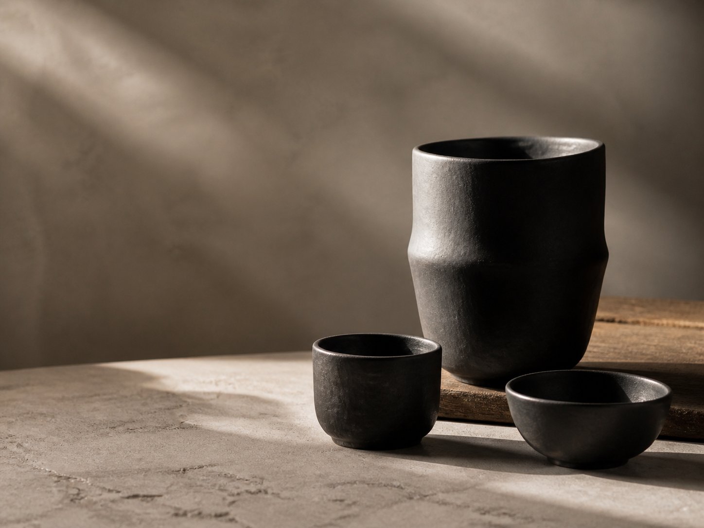 Dark handmade ceramic vessels arranged on a warm stone surface
