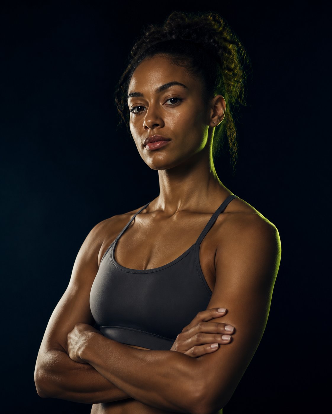 Athletic woman in a dark studio with a lime rim light