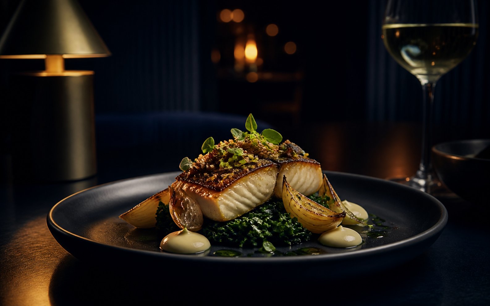 A modern plated dish in a softly lit independent restaurant