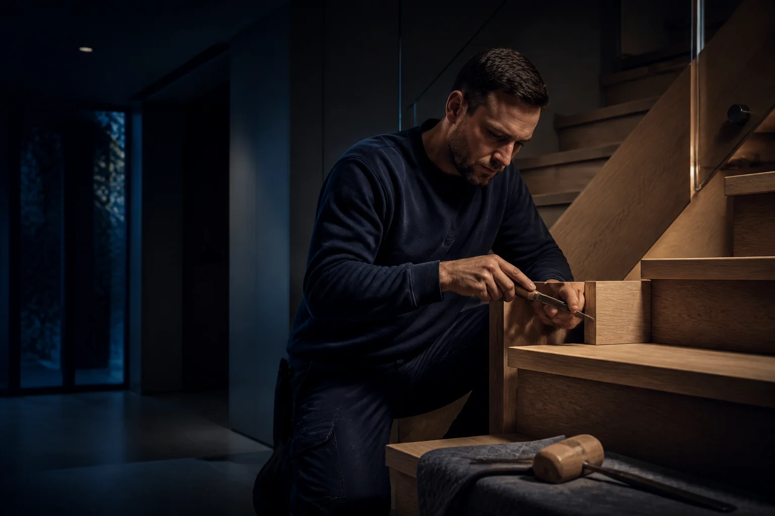 A skilled joiner fitting a bespoke oak staircase in a contemporary home